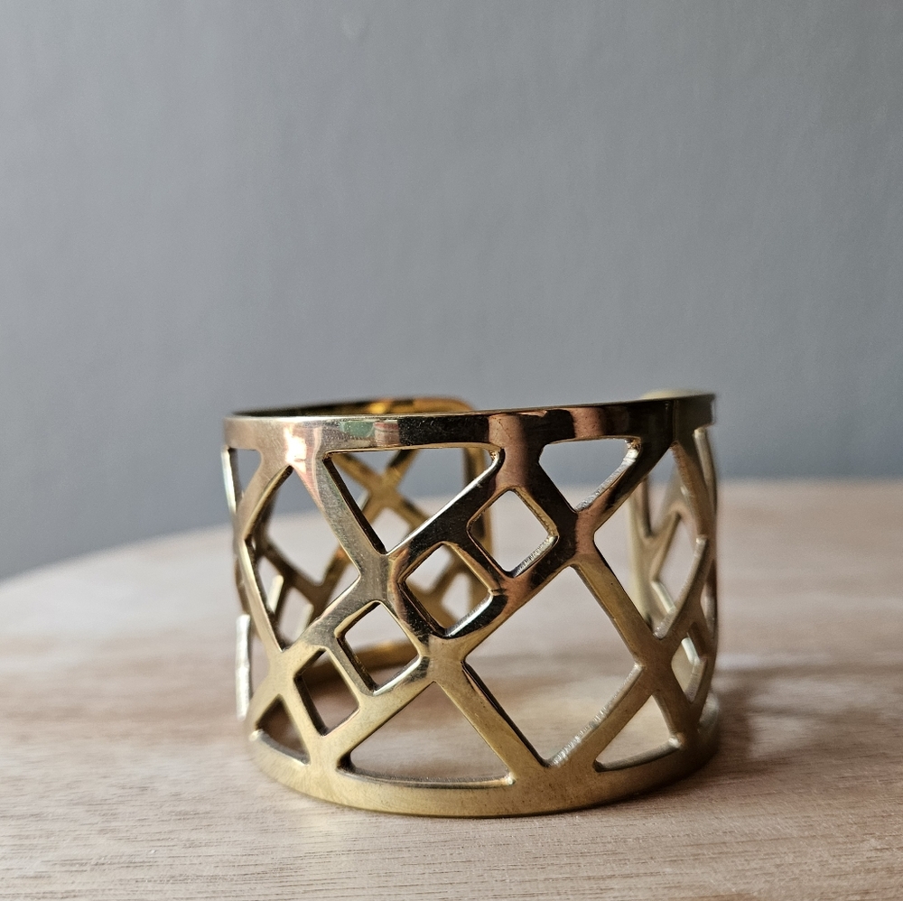 Bisjoux Gold Geometric Openwork Brass Cuff - Picture 2 of 7